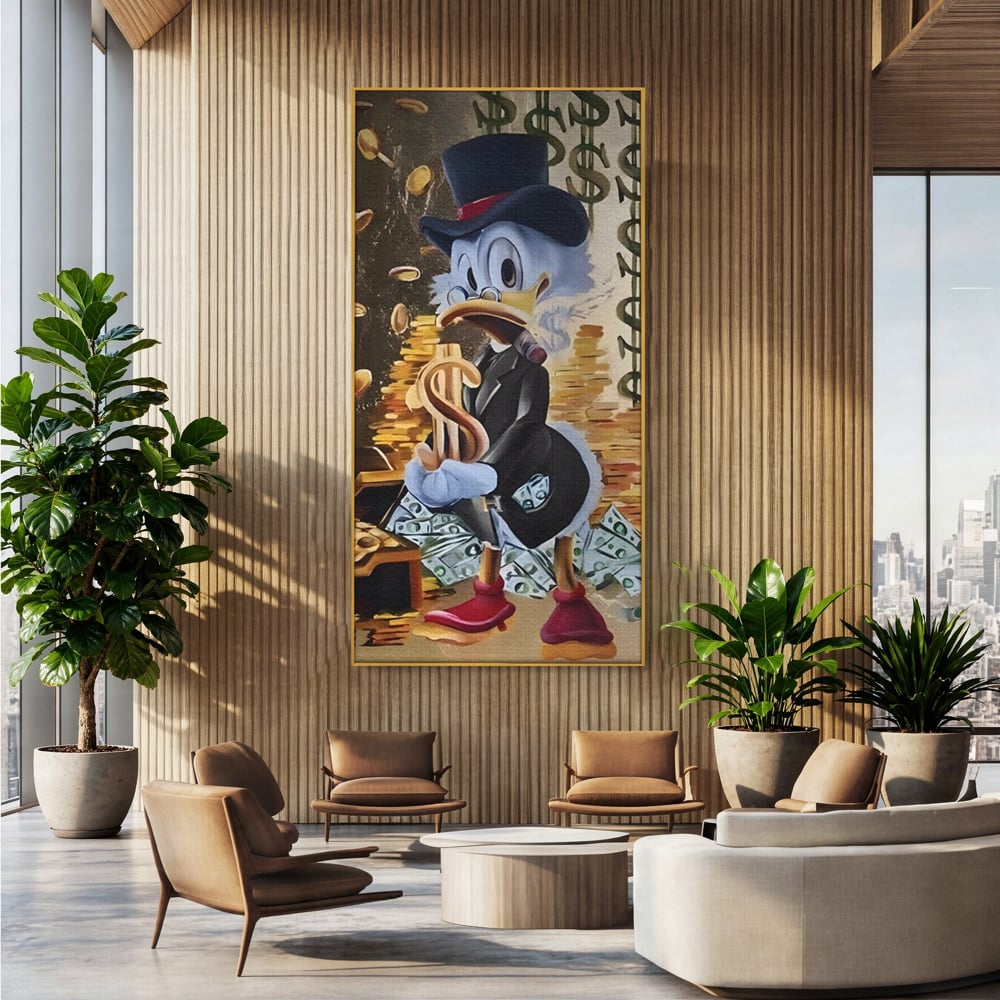 Tablou canvas cu tablou canvas cu scrooge duck si bani, in rama de aluminiu auriu, pe perete intr-un birou